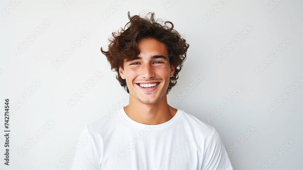 Obraz premium Happy smiling young adult man on a solid background