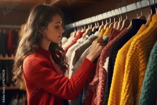 A woman browsing through a rack of clothes. Suitable for fashion or shopping concepts