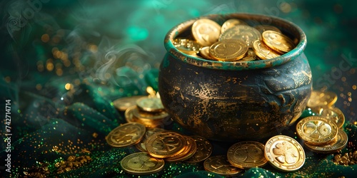 St Patricks Day themed image with pot of gold coins on green. Concept St Patricks Day, Pot of Gold, Green Background, Gold Coins, Festive Decorations