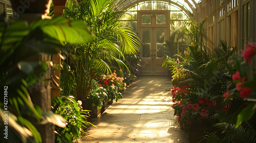 Warm sunlight streaming through a lush greenhouse filled with vibrant flowers.