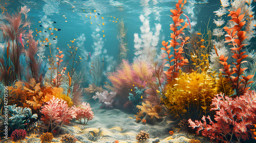 A stunning underwater seascape with diverse coral species and floating particles in sunlit waters.