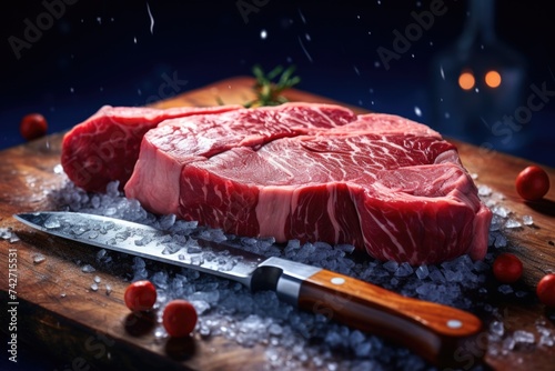 A fresh steak on a wooden cutting board with a sharp knife. Perfect for food and cooking related projects photo