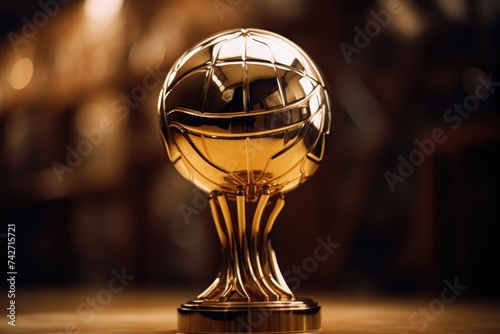 A shiny golden trophy displayed on a rustic wooden table. Perfect for sports or achievement concepts