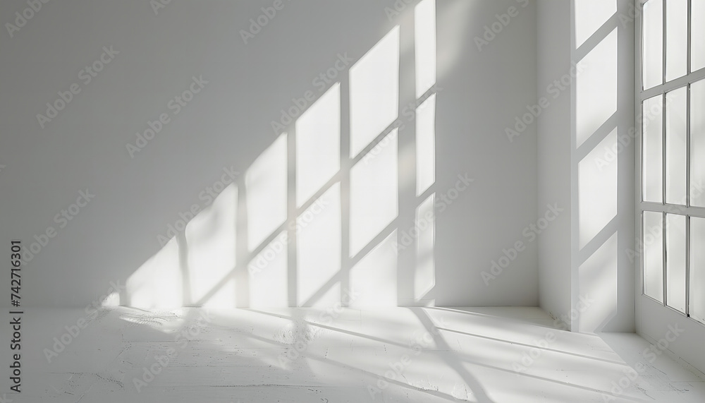 Fototapeta premium Realistic window shadow overlay on a white wall. Creative commercial background or wallpaper for a presentation or a product ad. Minimalist design concept.