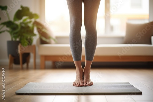 A woman standing on a yoga mat in a living room. Suitable for health and wellness concepts © Fotograf