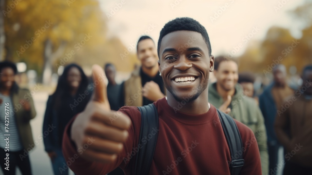 A man giving a thumbs up gesture in front of a diverse group of people. Suitable for business and success concepts - obrazy, fototapety, plakaty 