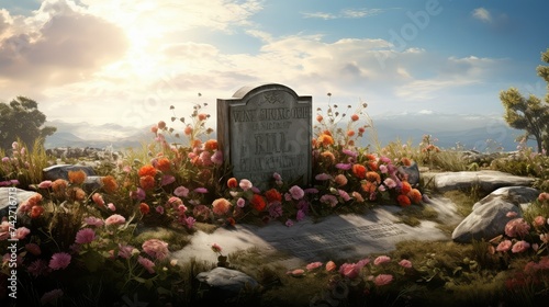 remembrance tombstone with flowers photo