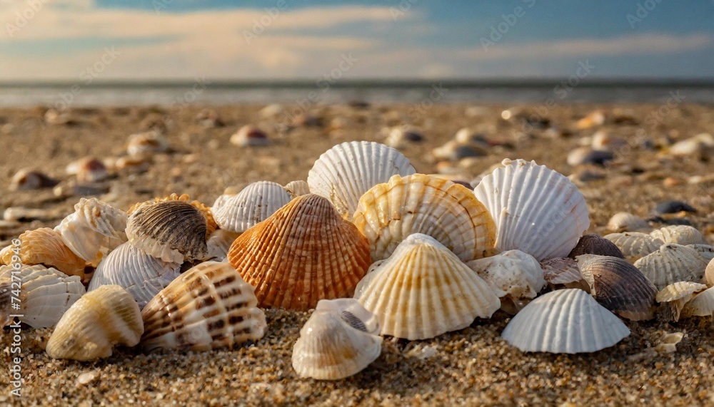 Bunch of shells on the sea shore. Sandy beach. Ocean view. Summer time. Bunch of shells on the sea shore. Sandy beach. Ocean view. Summer time.