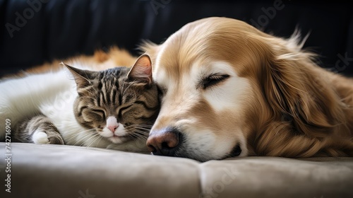 pets dog and cat on couch photo