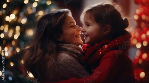 A heartwarming moment captured in front of a festive tree. Perfect for holiday cards or family-themed designs