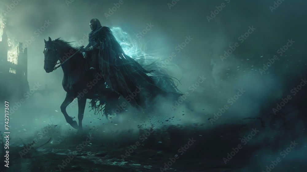A dark knight rides through the mist blue aura trailing a phantom warrior in the night A dark knight rides through the mist blue aura trailing a phantom warrior in the night