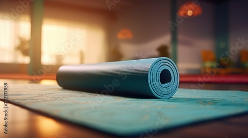 A neatly rolled up yoga mat on a wooden floor. Perfect for fitness and wellness concepts