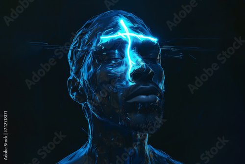 Religious male fanatic converting to the Christian religion while receiving enlightenment in the form of a cross of lightening electricity through his blue head, stock illustration image 