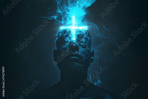 Religious male fanatic converting to the Christian religion while receiving enlightenment in the form of a cross of lightening electricity through his blue head, stock illustration image  photo
