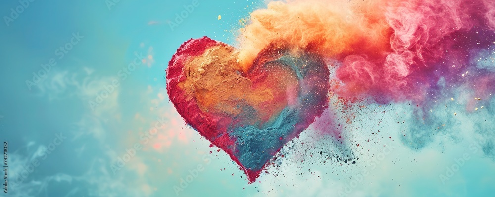 Colorful Powder Heart Shape Love Blowing Up. Holi Powder Blast on Sky, Multicolor Powder Smoke Explosion