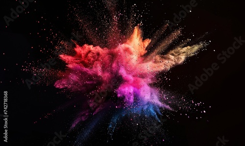 Explosion of bright colorful paint on black background, burst of multicolored powder, abstract pattern of colored dust splash