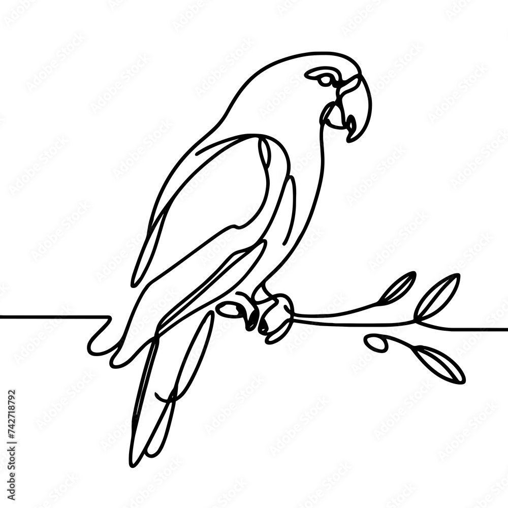 A parrot sits on a branch, line drawing style A parrot sits on a branch, line drawing style