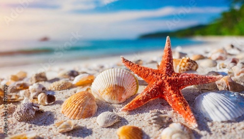 Bunch of shells and starfish on the sea shore. Sandy beach. Ocean view. Summer time
