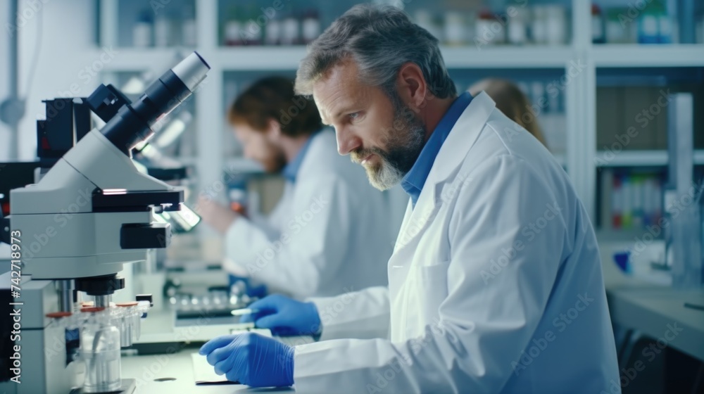 A man in a lab coat working on a microscope. Ideal for scientific and research concepts A man in a lab coat working on a microscope. Ideal for scientific and research concepts