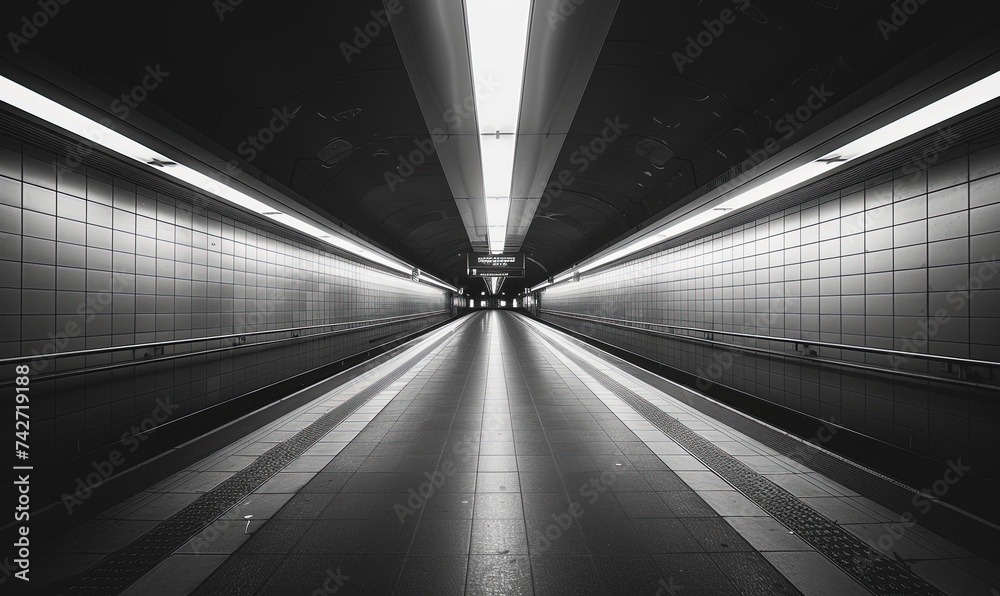 A stark underground world, illuminated by bright white lights, reveals the hidden symmetry of a bustling subway line in the heart of the monochrome cit