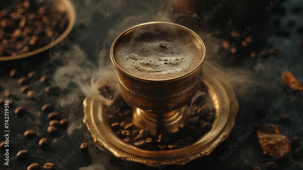 Steaming Coffee Artistry: A Golden Moment, Coffee In Golden Cup, Indian Coffee Drink Steaming Coffee Artistry: A Golden Moment, Coffee In Golden Cup, Indian Coffee Drink