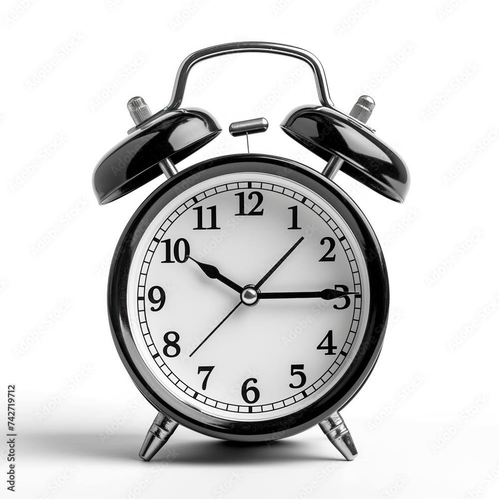 A close-up shot of a classic black and white alarm clock with a timeless design, showing the time on an analog dial. The clock is isolated on a white background, creating a contrast between the monoch A close-up shot of a classic black and white alarm clock with a timeless design, showing the time on an analog dial. The clock is isolated on a white background, creating a contrast between the monoch