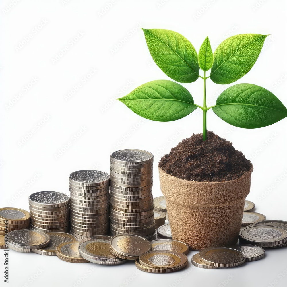 A plant coming out of coins isolated on white background A plant coming out of coins isolated on white background