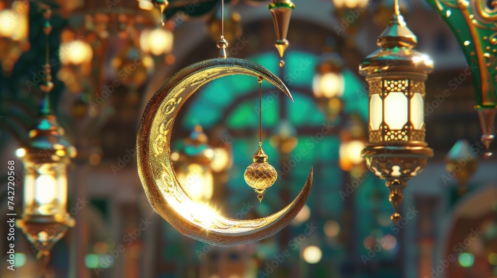 Ramadan Kareem background with golden crescent moon and lanterns