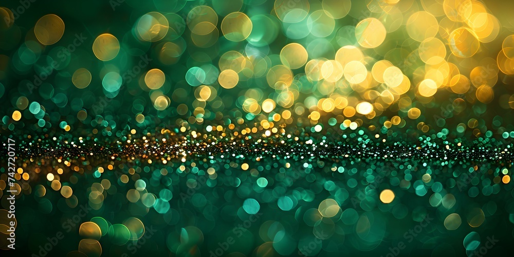 Bokeh Background in Green and Gold, Ideal for Saint Patrick's Day Festivities. Concept Saint Patrick's Day, Bokeh Photography, Green and Gold, Festive Background, Spring Celebrations - obrazy, fototapety, plakaty 