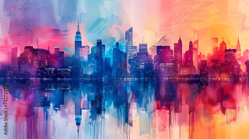 Abstract skyline reflection, where vibrant brushstrokes meet urban contours, crafting a surreal cityscape dreamscape.