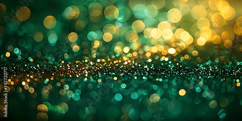 Bokeh Background in Green and Gold, Ideal for Saint Patrick's Day Festivities. Concept Saint Patrick's Day, Bokeh Photography, Green and Gold, Festive Background, Spring Celebrations