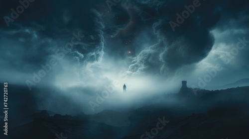 A person standing in the middle of a mountain under a cloudy sky. Suitable for outdoor and adventure concepts