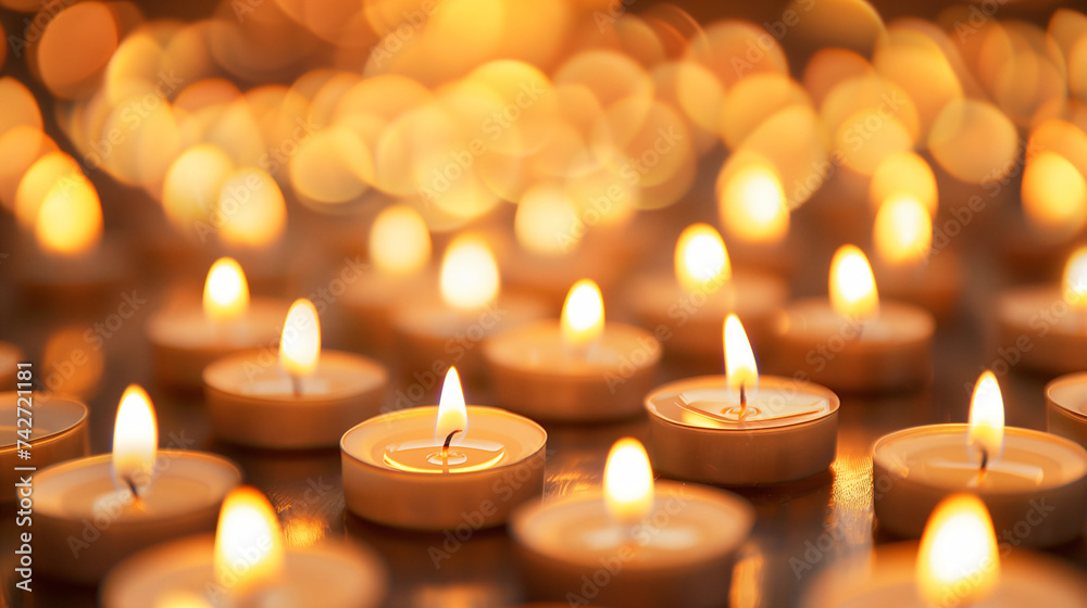 Backgroud with a lot of burning tealight candles. Candlelight vigil, memorial, spiritual atmosphere. Backgroud with a lot of burning tealight candles. Candlelight vigil, memorial, spiritual atmosphere.