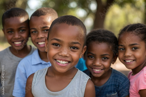 Group of African American children smiling in an outdoor background, playful childhood