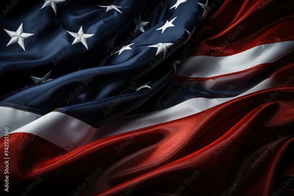 Obraz premium Close up of an American flag on a black background. Suitable for patriotic themes or national holidays