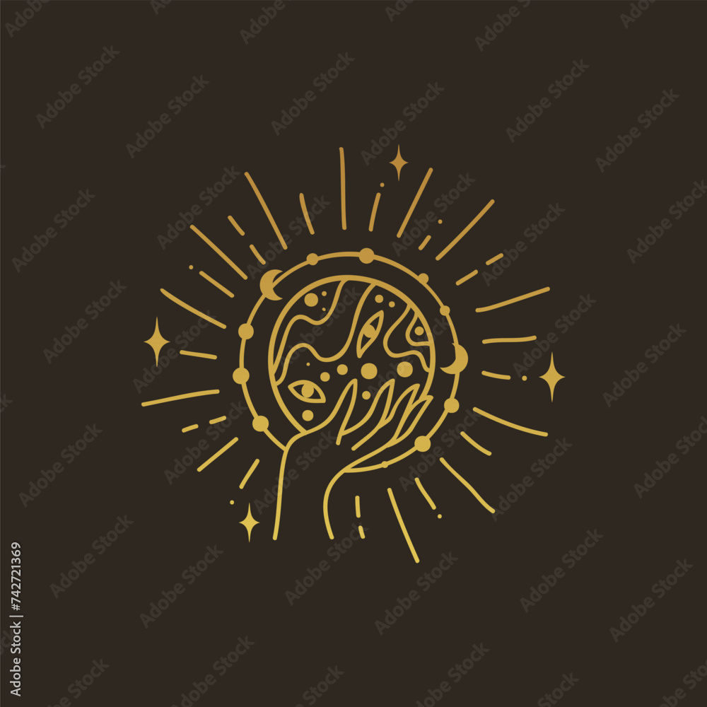 Crystal ball vector illustration, hand drawn celestial boho line art logo, icons and symbol mystic ocult tattoo elements for decoration. Crystal ball vector illustration, hand drawn celestial boho line art logo, icons and symbol mystic ocult tattoo elements for decoration.