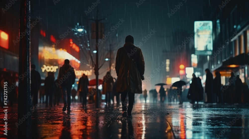 A man walking down the street in the rain, suitable for weather or urban concept designs