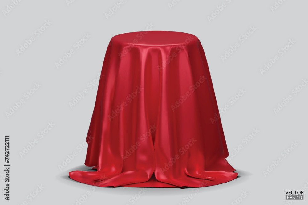 Podium covered with a piece of red silk isolated on background. Realistic box covered with red cloth. Podium for product, cosmetic presentation. Creative mock up. 3d vector illustration.