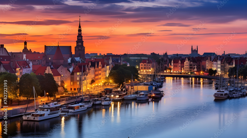 Gdansk Cityscape: A Spectacular Blend of Historic Beauty and Modernity under Mesmerizing Sunset