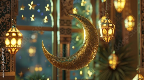 Ramadan Kareem background with golden crescent moon and lanterns