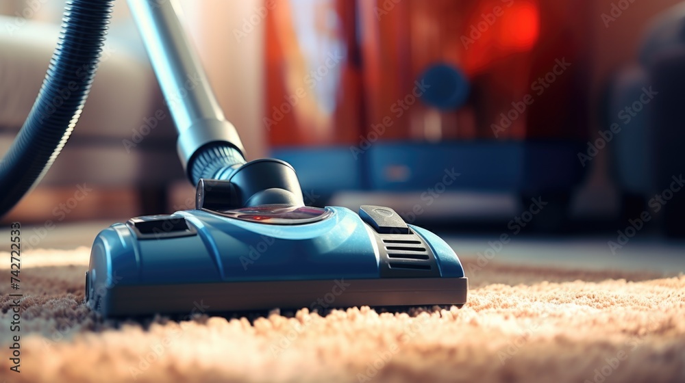 A vacuum cleaner cleaning a carpet in a living room. Suitable for household cleaning concept - obrazy, fototapety, plakaty 