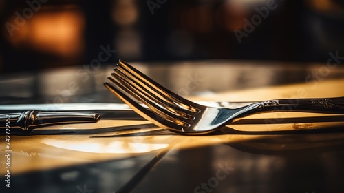 A close up of a fork and knife on a table. Perfect for restaurant menus