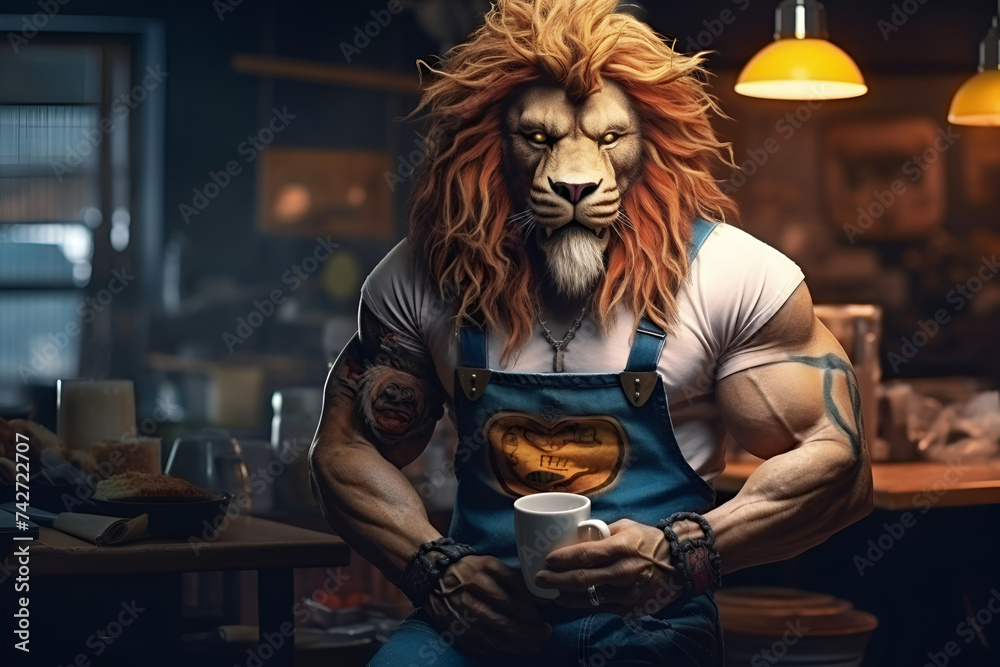 Humanized stylish muscular lion with tattoos, barista hold mug in cafe. Enjoying Coffee. Creative animals portrait. Coffee shop advertisement. 3d, AI Generative Humanized stylish muscular lion with tattoos, barista hold mug in cafe. Enjoying Coffee. Creative animals portrait. Coffee shop advertisement. 3d, AI Generative