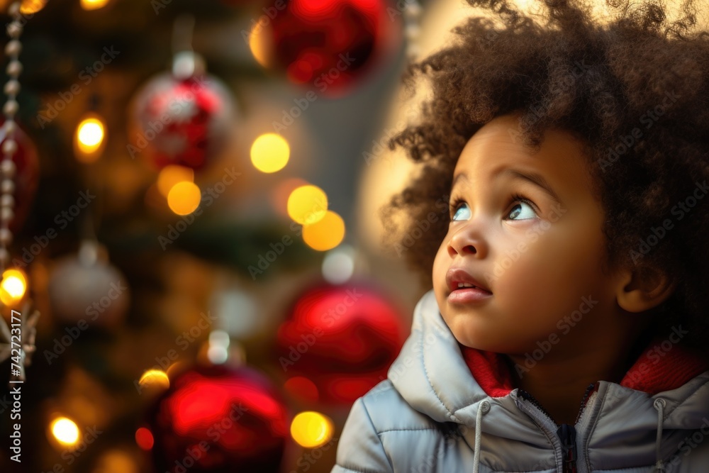 A young child admiring a decorated Christmas tree. Suitable for holiday concepts A young child admiring a decorated Christmas tree. Suitable for holiday concepts
