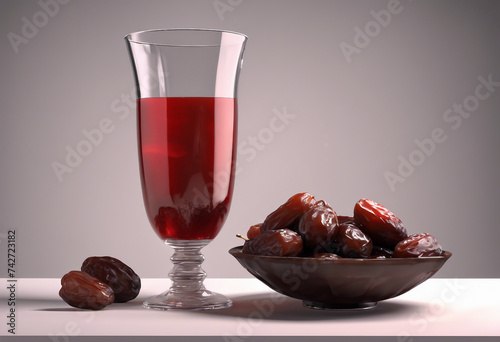 Red juice glass and dates in a traditional bowl for iftar. Ramadan Mubarak 2024.
