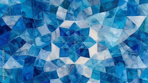 Blue kaleidoscope background in watercolor creating a stunning mosaic texture with geometric shapes