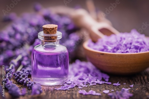 Natural oil bottle and lavender flowers on table, closeup. Cosmetic product