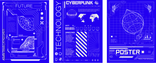 Futuristic Cyberpunk Blueprint Posters with Global Technology Themes. Set of three blue cyberpunk blueprint posters in y2k techno style.