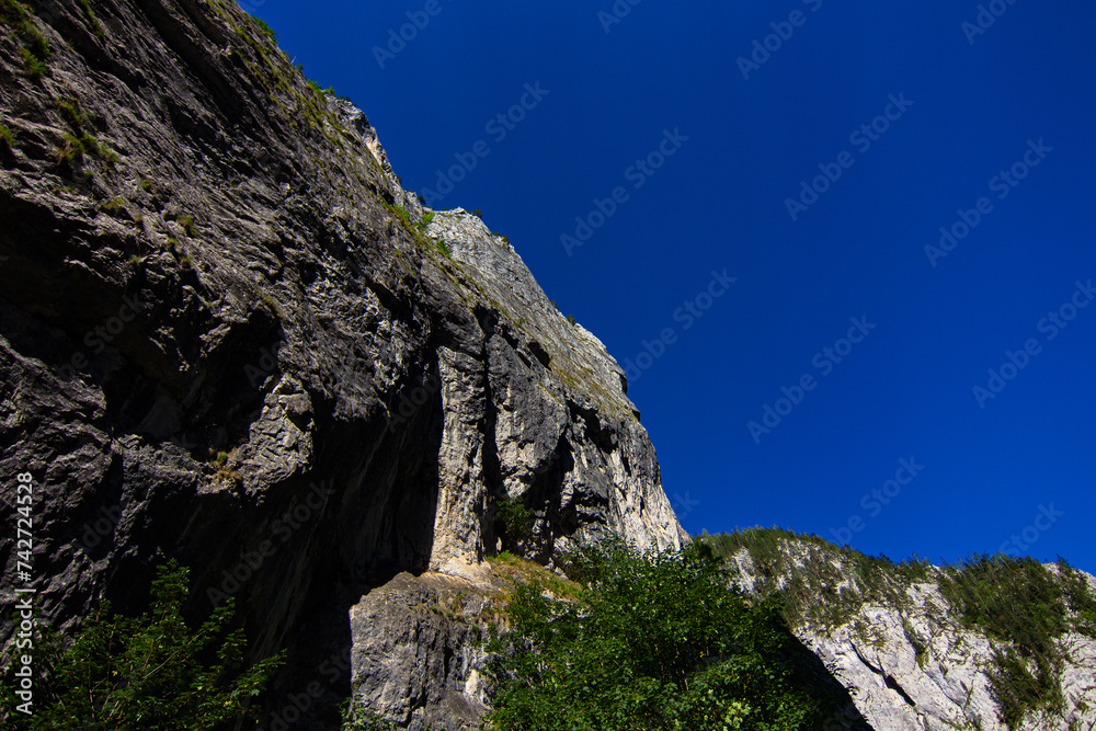 Steep rocks covered by pines in narrow valley in Bicaz Gorge (Romanian: Cheile Bicazului). The canyon is located in Neamt and Harghita counties, Transylvania, Romania