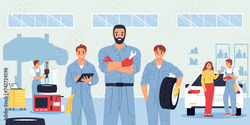 Hand drawn flat mechanic background with employees in a car workshop